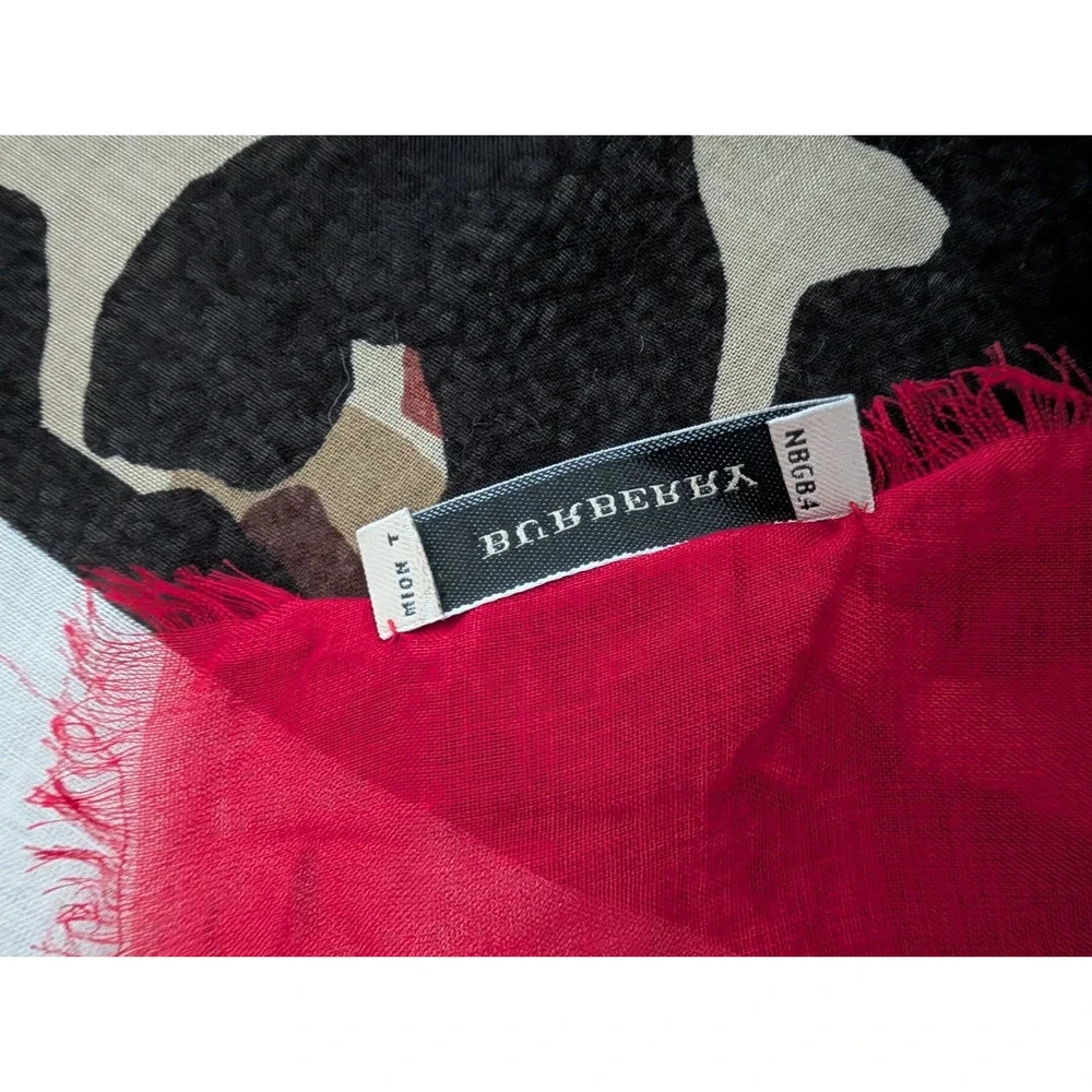 Burberry Leopard Cheetah Animal Print Red Silk Blend Scarf Italy Fringe Large